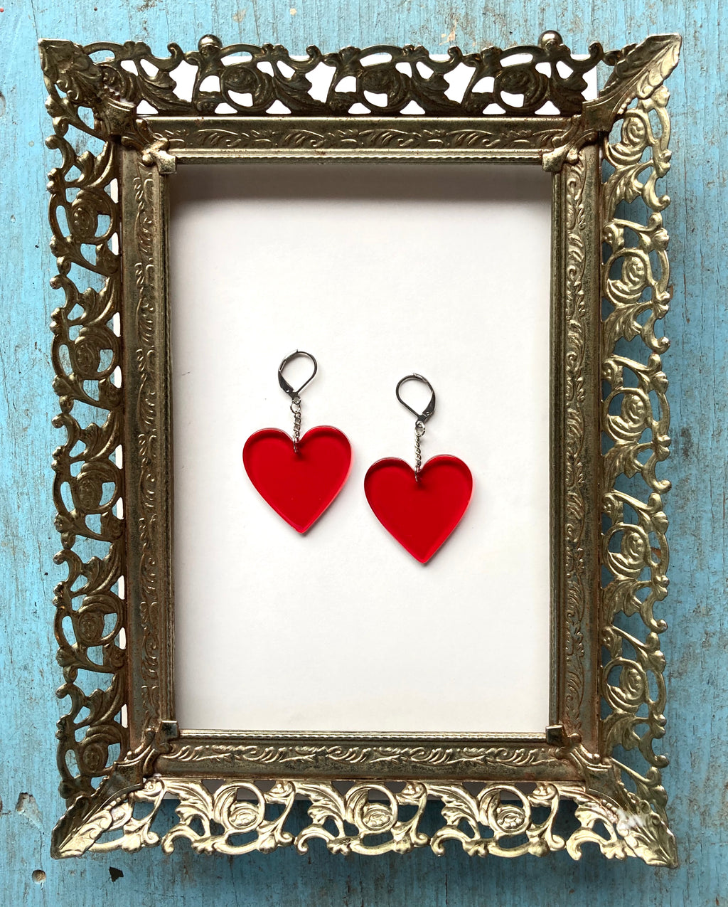 Dangly Red Heart Earrings with Chain