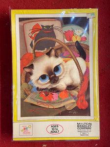 1968 Milton Bradley Pity Kitty Puzzle Big-Eye Siamese Cat In Yarn Basket COMPLETE