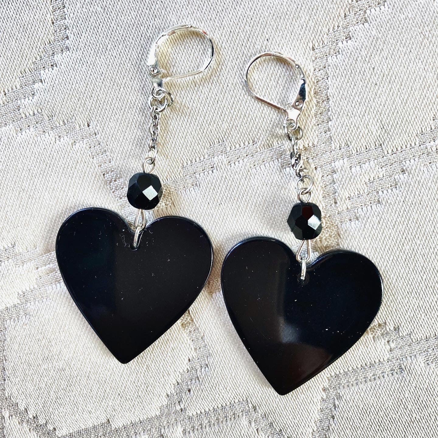 Black Heart Earrings with Chain and Glass Jet Bead